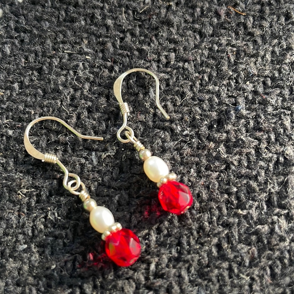 Pearl & Red Stone Silver Wire Earrings, 1 1/2" Long, Handmade